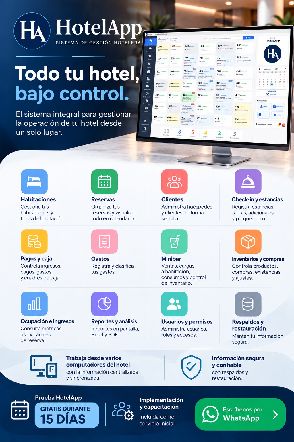Tarjeta informativa de HotelApp con sus módulos principales